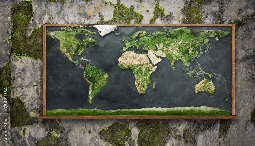 photorealistic, world map on rotten brick wall and wood wall