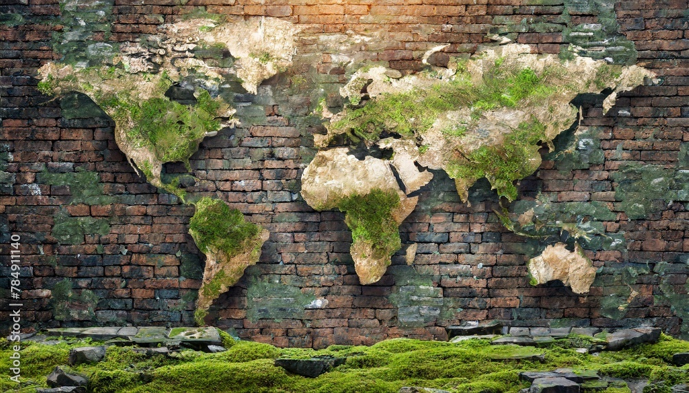 photorealistic, world map on rotten brick wall and wood wall
