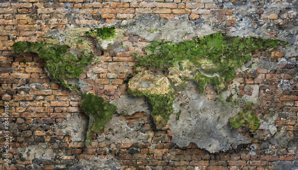 photorealistic, world map on rotten brick wall and wood wall