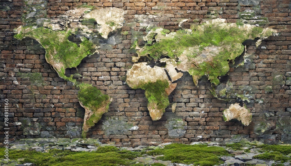 photorealistic, world map on rotten brick wall and wood wall