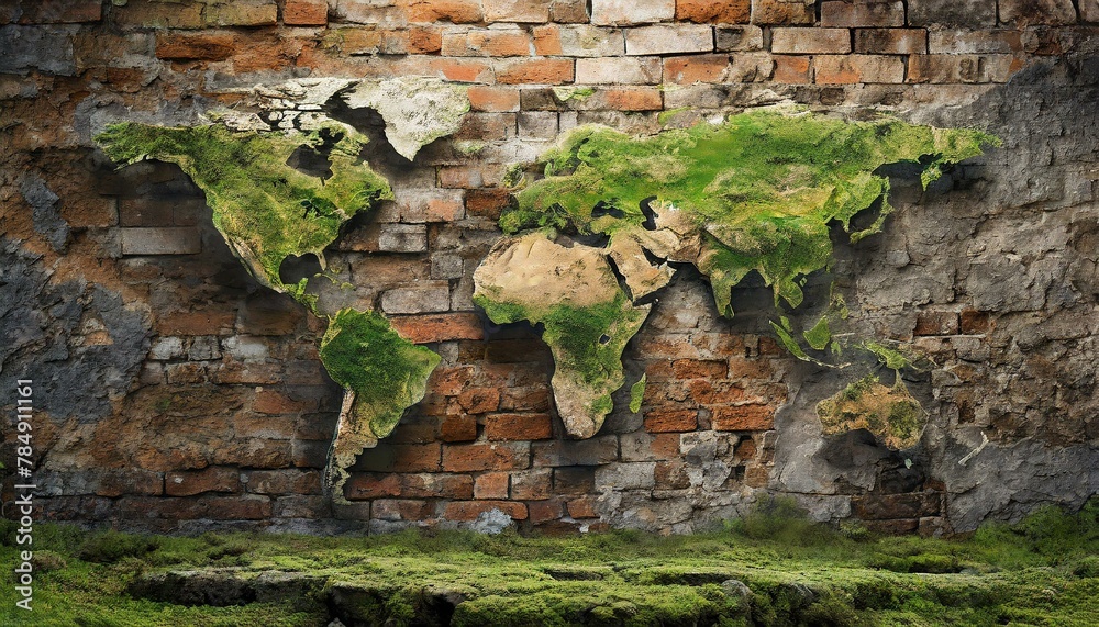 photorealistic, world map on rotten brick wall and wood wall