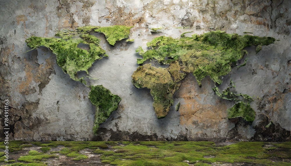 photorealistic, world map on rotten brick wall and wood wall