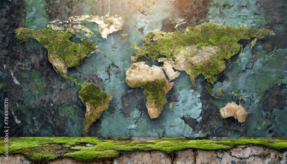 photorealistic, world map on rotten brick wall and wood wall