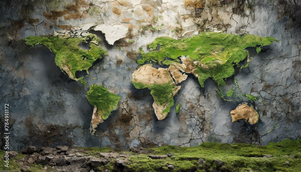 photorealistic, world map on rotten brick wall and wood wall