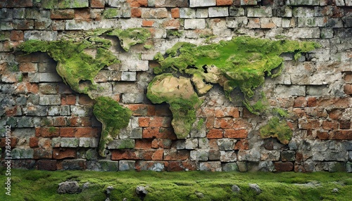 Obraz na płótnie photorealistic, world map on rotten brick wall and wood wall w salonie