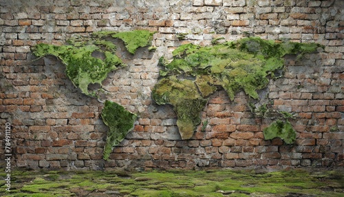 Obraz na płótnie photorealistic, world map on rotten brick wall and wood wall w salonie