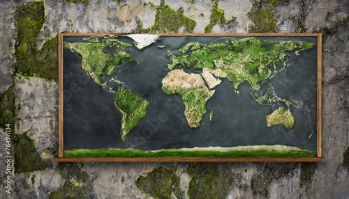 Obraz na płótnie photorealistic, world map on rotten brick wall and wood wall w salonie