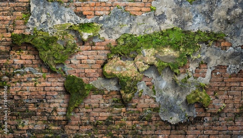 Obraz na płótnie photorealistic, world map on rotten brick wall and wood wall w salonie