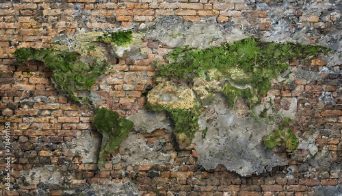 Obraz na płótnie photorealistic, world map on rotten brick wall and wood wall w salonie