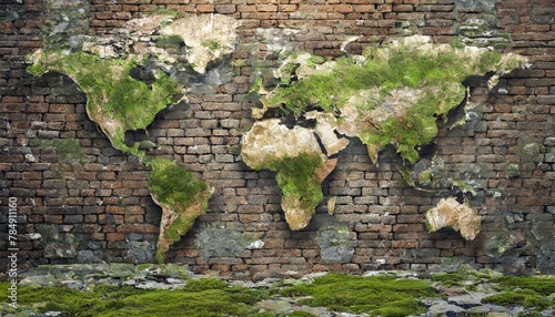 Obraz na płótnie photorealistic, world map on rotten brick wall and wood wall w salonie