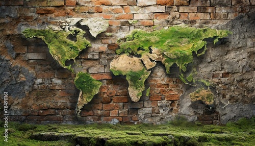 Obraz na płótnie photorealistic, world map on rotten brick wall and wood wall w salonie