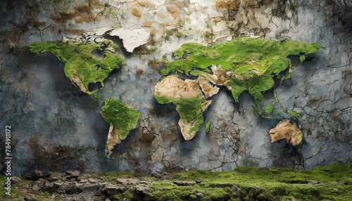 Obraz na płótnie photorealistic, world map on rotten brick wall and wood wall w salonie