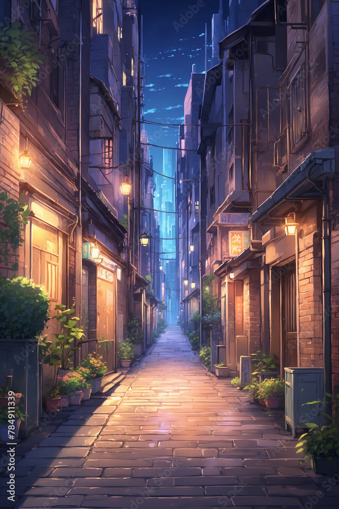 Houses in a narrow urban alley with a footpath in the middle. Night with street lights as illumination. In anime style vertical