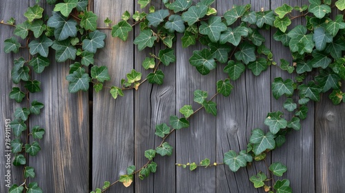 Ivy vines gracefully draping over weathered wooden fence, symbolizing resilience and growth in nature, Concept of green living, natural textures, and serene landscapes.