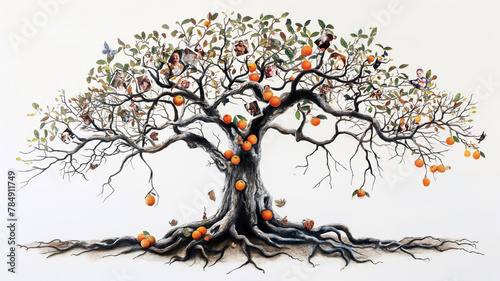 Artistic tree illustration with human faces on leaves and fruits, symbolizing family tree and heritage. photo