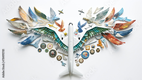 Artistic composition with a plane and various bird wings spread out, surrounded by travel and air force insignia.
