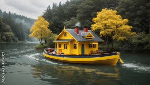 A yellow houseboat is on a lake surrounded by green trees.