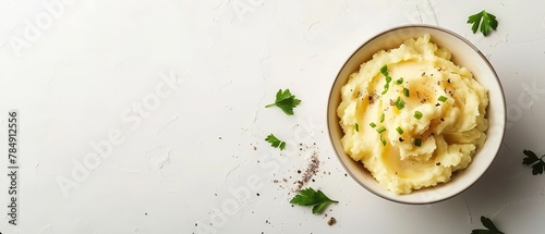 A minimalist bowl stocked with creamy mashed potatoes over a white setting deleterious adorned with herbs and space, Generative AI.