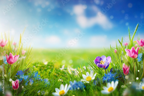 Spring meadow with colorful flowers. Nature background. Springtime.