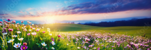 Spring meadow with wild flowers and sun at sunset. Beautiful nature panoramic background © Mariusz Blach
