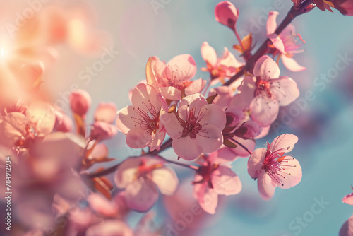 Pink cherry blossoms bloom in spring, adorning the tree with their beauty