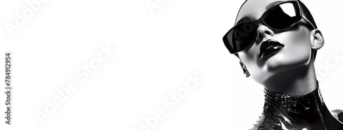 Girl with black lips on a white background. splash of colors. Banner. AI generated. Edited in Photoshop