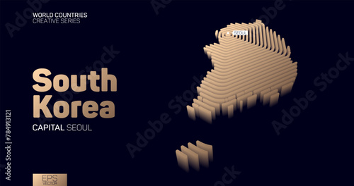 Isometric map of South Korea with golden hexagon lines