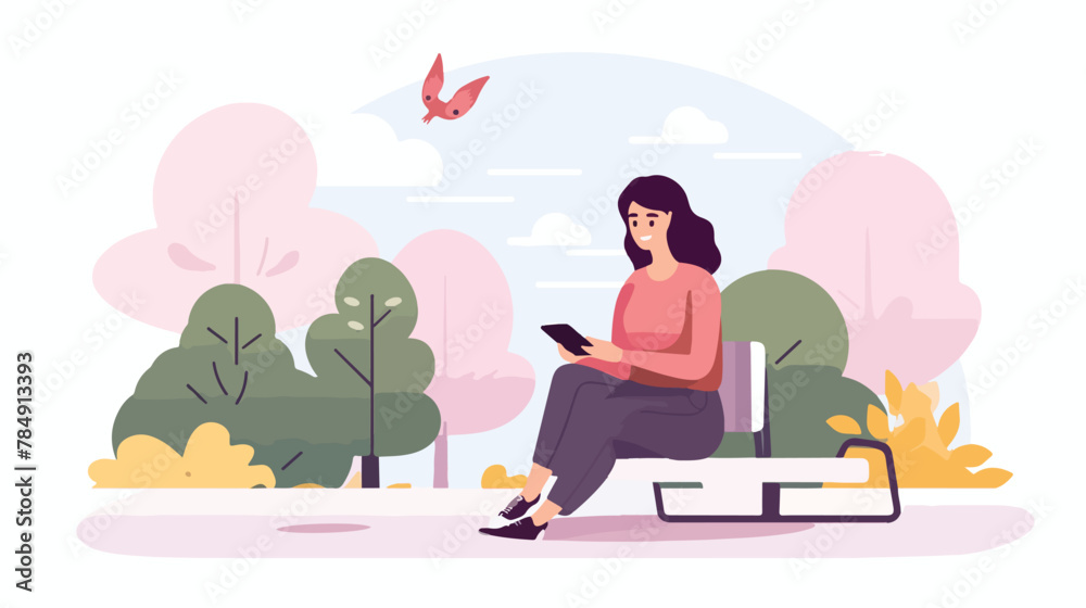 Woman sitting outdoors using smart phone 2d flat cartoon