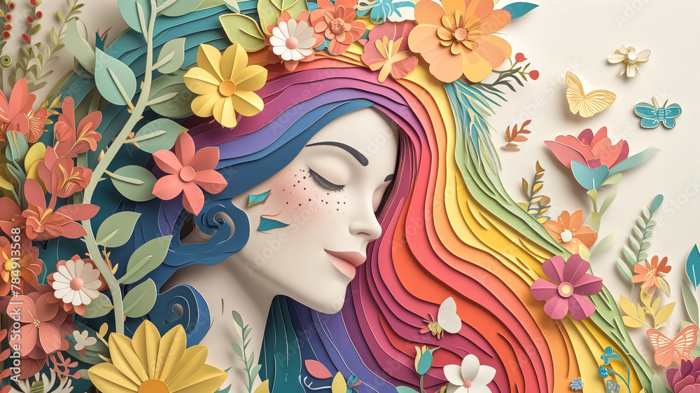 Exquisite paper art creating a peaceful woman's profile with rainbow-colored hair adorned with a variety of elegant paper flowers and butterflies.
Exquisite paper art creating a peaceful woman's profile with rainbow-colored hair adorned with a variety of elegant paper flowers and butterflies.