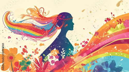 Artistic silhouette of a woman with her hair flowing into a vibrant rainbow of colors, intertwined with nature's elements and whimsical florals.
