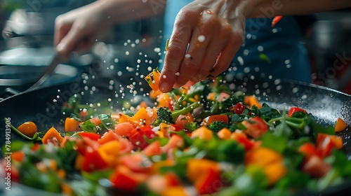 Zoomed-in view of a hand mixing a salad with vibrant vegetables, showcasing dietary diversity and wellness photo