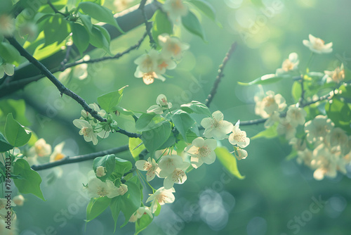 Park bench under blooming cherry trees with soft pink petals scattered on the new green leaves photo