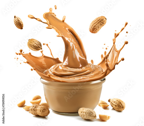 splash peanut butter with peanut seeds isolated on transparent background cutout , generative ai	
