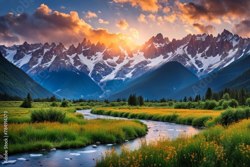  a beautiful panoramic vista of a majestic mountain range bathed in the golden light of sunrise, with lush green valleys photo
