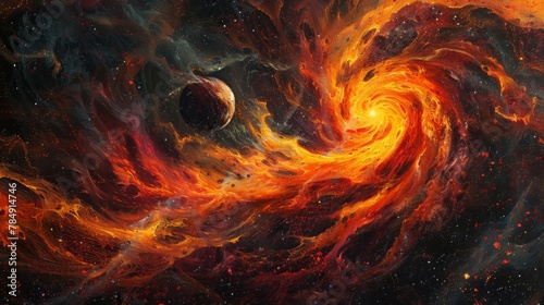 Swirls of fiery red orange and yellow give a vibrant touch to this deep space scene.