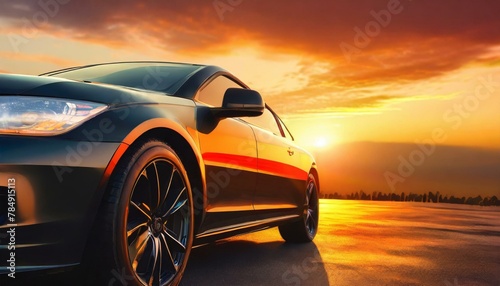 Wallpaper compact SUV car with sport and modern design parked on concrete road by the sea beach at sunset. Front view of luxury car. New SUV car with beautiful red sunset sky and clouds at the beach. © Bilawl