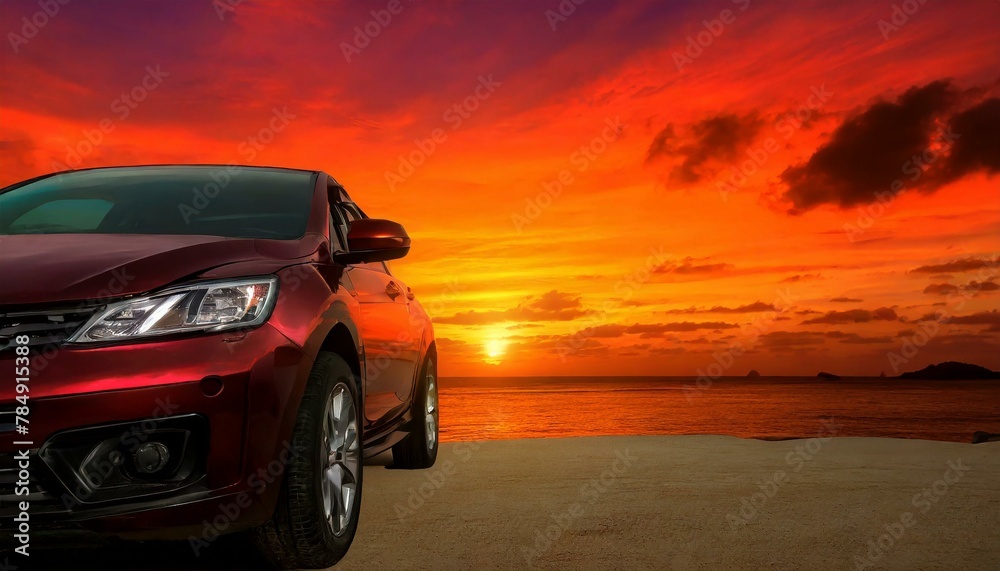 Wallpaper compact SUV car with sport and modern design parked on concrete road by the sea beach at sunset. Front view of luxury car. New SUV car with beautiful red sunset sky and clouds at the beach.