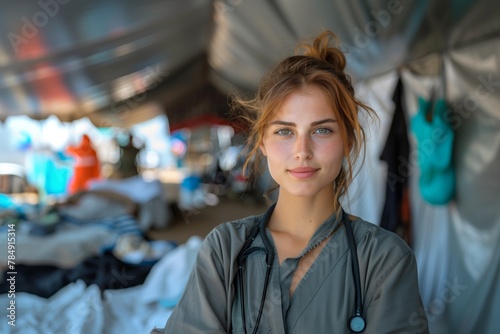 attractive young smiling voluntary female doctor posing in a field refugee camp hospital facility photo