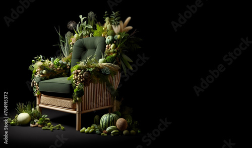 A couch with a green cover and a lamp on it  with black background, generative ai