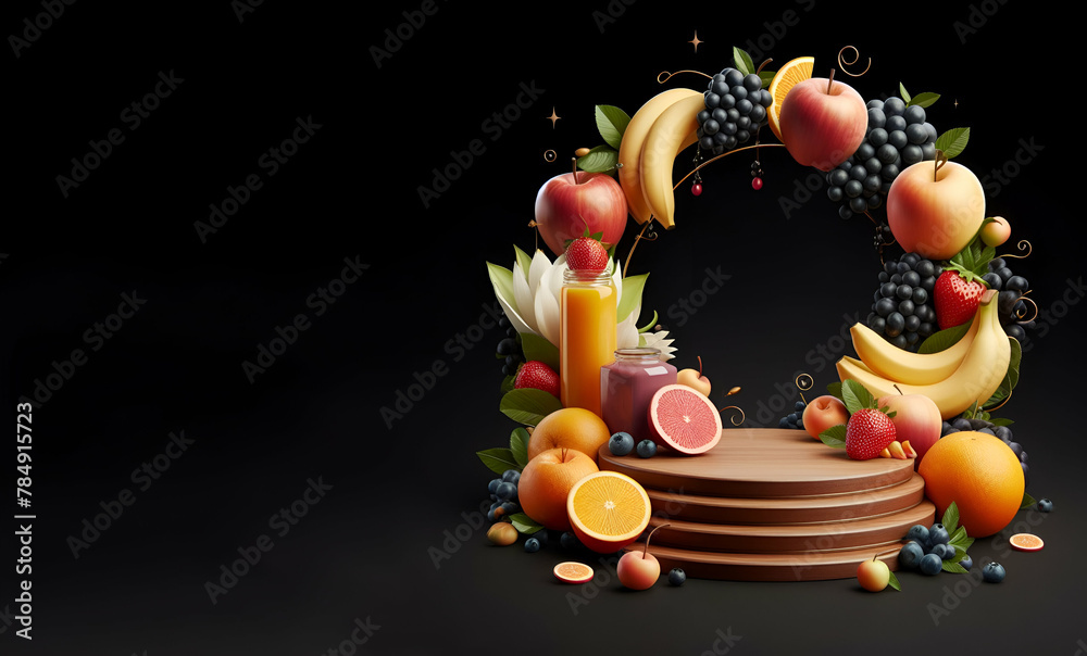 Artistic illustration of a berry and fruit banner with isolated black background, generative ai