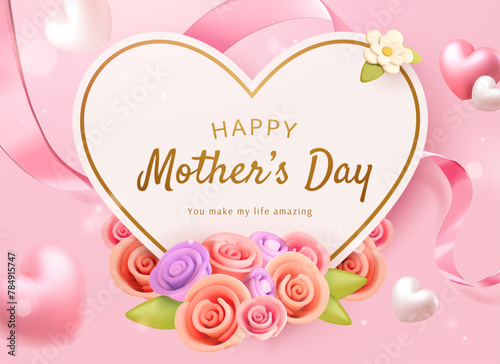 Mother's day heart shape card with roses on light pink background with ribbon and floating hearts.
