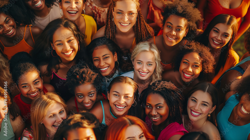 Diverse group of happy women smiling and looking high up into camera, bonding together, drone view, high angle shot, international women's day, ladies celebration, females of different race, ethnicity