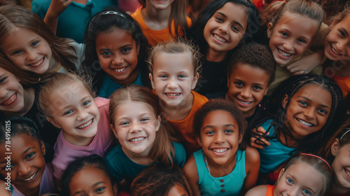 Diverse group of happy girl children smiling and looking high up into camera, bonding together, drone view, high angle shot,  girl child day, teens celebration,  kids of different race, ethnicity