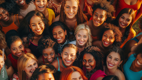 Diverse group of happy women smiling and looking high up into camera  bonding together  drone view  high angle shot  international women s day  ladies celebration  females of different race  ethnicity
