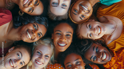 Diverse group of happy women smiling and looking high up into camera, bonding together, drone view, high angle shot, international women's day, ladies celebration, females of different race, ethnicity