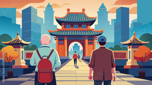 Two elderly couples each carrying a large backpack and wearing comfortable hiking boots stroll through a bustling market in Vietnam. They stop