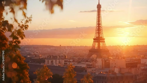 Aerial close up view of Paris Eiffel Tower Tour de Eiffel and panoramic view over Seine River and Paris city attractions at sunset, 4k footage, videos, slow motion