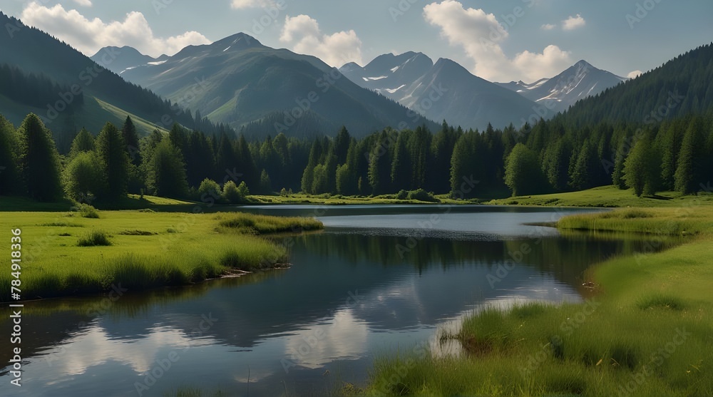 Fototapeta premium A small lake high in the mountains surrounded by green meadows. Natural background.generative.ai