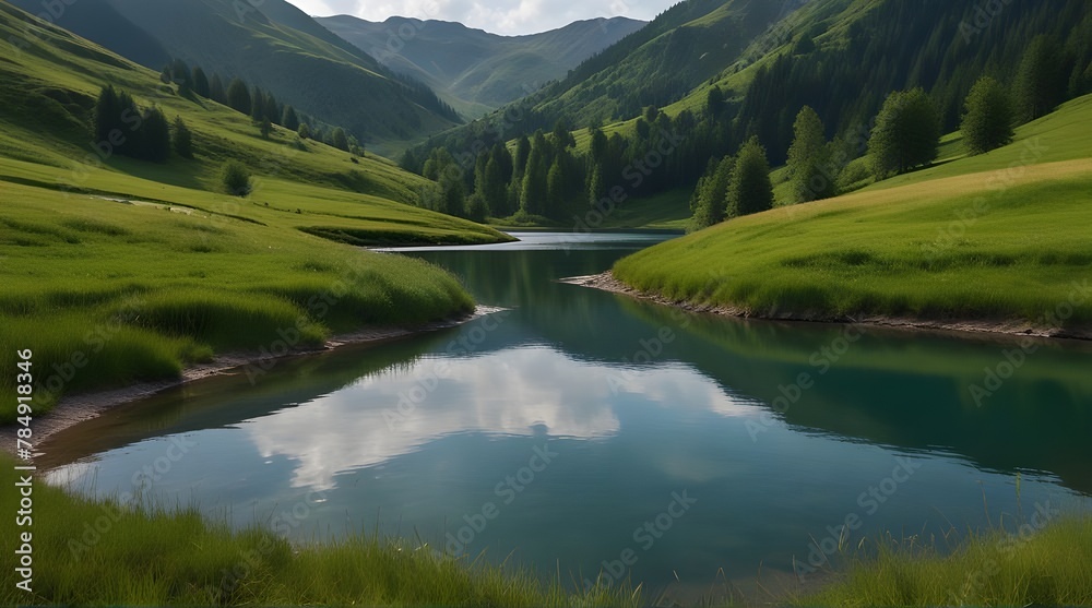 A small lake high in the mountains surrounded by green meadows. Natural background.generative.ai
