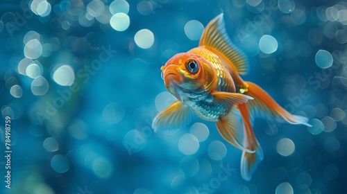 Goldfish swimming in a blue bubble-filled water. AI Generative.